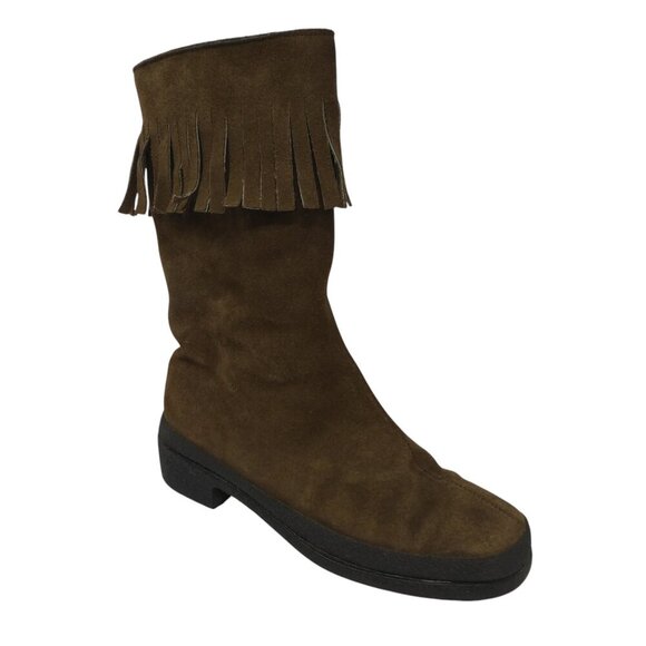 Vintage Val Brown Suede Fringe Sherpa Lined Boho Mid Calf Boots Womens 40 US 9 - Picture 1 of 13